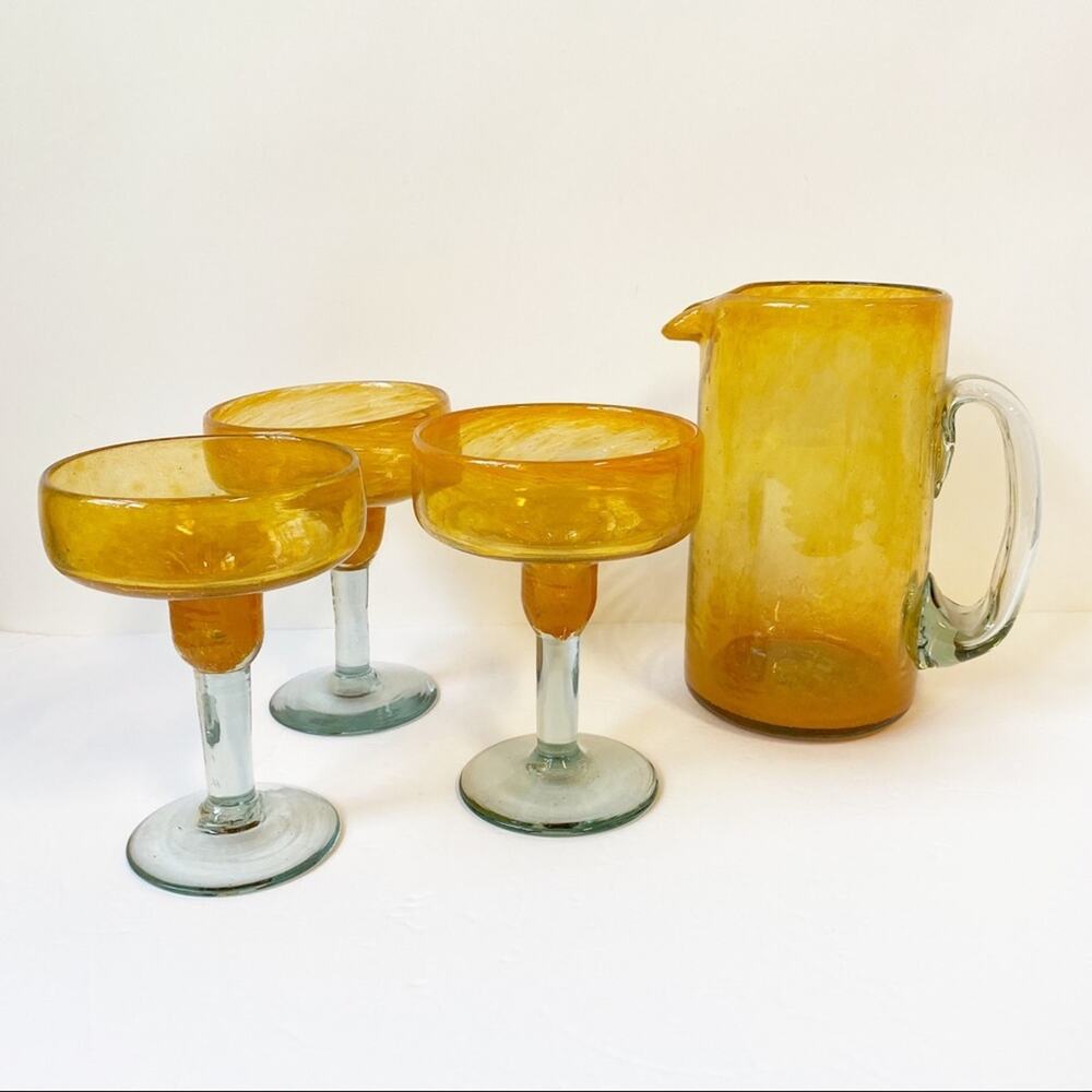 Margarita Glasses and Pitcher Blown Glass Yellow Festive Margarita Barware